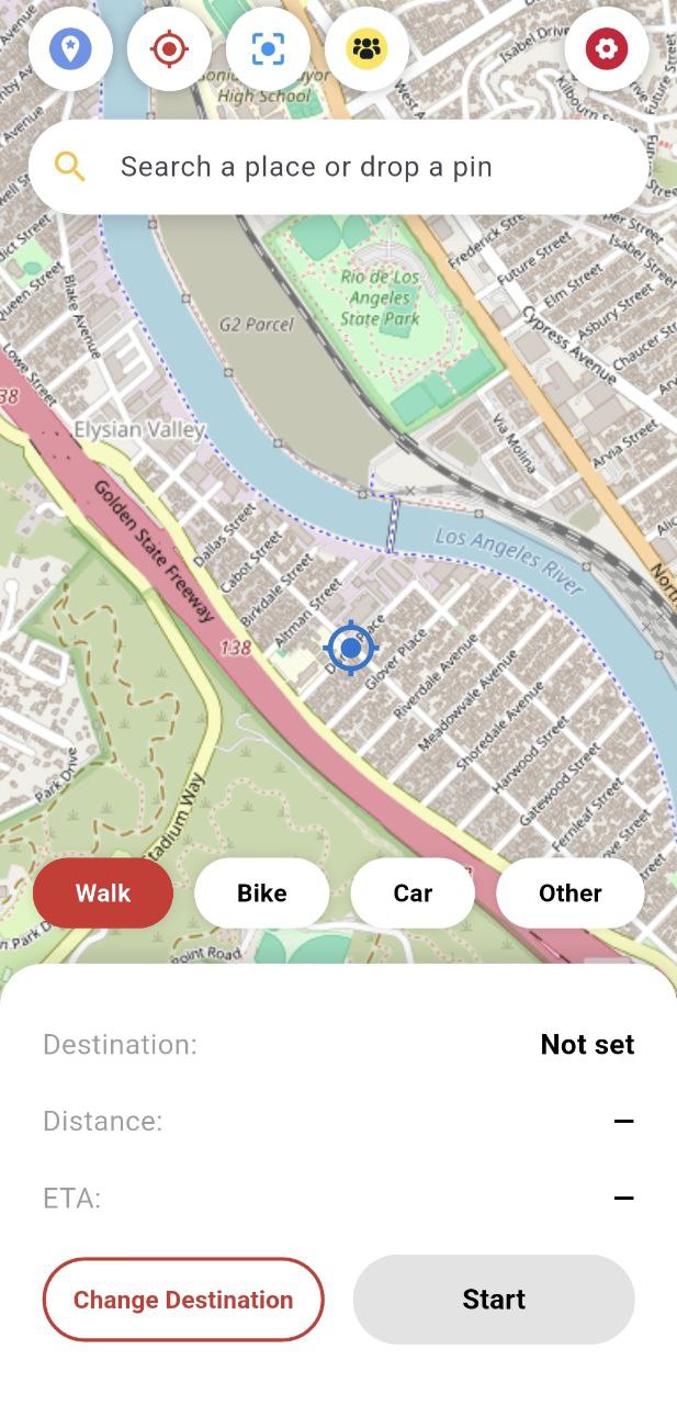 Map interface - Choose your destination and transport mode